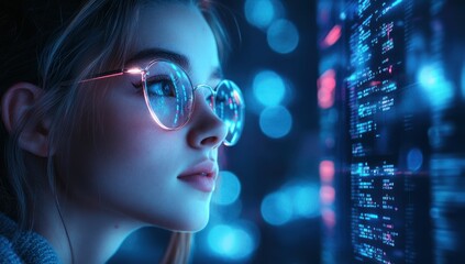 Cyberpunk Woman Gazing at Digital Code