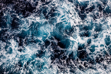 Ocean surface background. Top view of mesmerizing foamy water. Can be used in covers, packaging, posters, textures, cards, art and design projects. Amazing nature background image.
