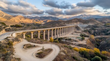 Naklejka premium A scenic view of a bridge with arches over a winding dirt road in a mountainous landscape.