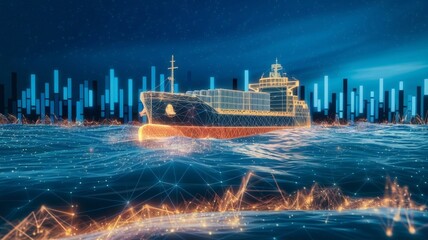 Obraz premium A large cargo ship navigating through a digital representation of the ocean, with glowing lines and data points merging with the water surface, symbolizing advanced technology and smart shipping 
