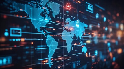 Global data visualization interface with world map overlay and various metrics.