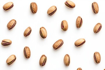 Obraz premium Pistachio Pattern: A delightful scattering of shelled pistachios creates a captivating, evenly distributed pattern against a clean backdrop. The image offers a vibrant and appetizing visual.