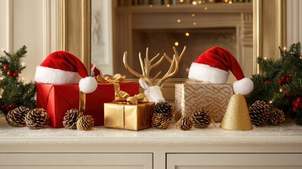Obraz premium Cheerful holiday decor with Santa hats, antlers, golden pinecones, and brightly wrapped presents on a frosted tabletop