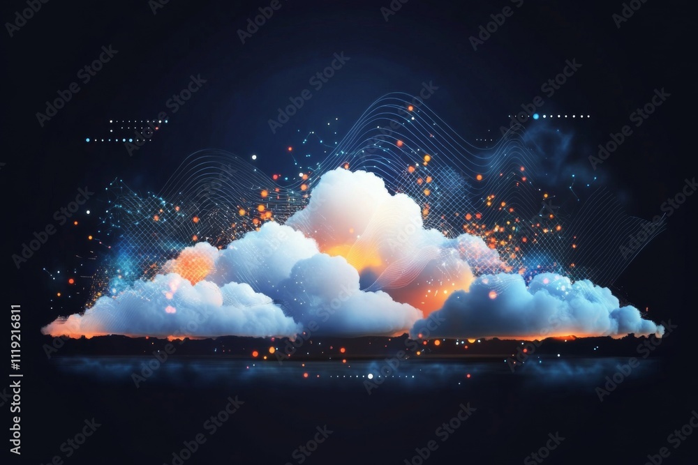 Poster futuristic cloud computing concept with multilayered network pattern in blue, orange, white - abstra