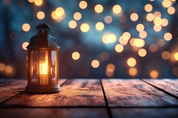 Lit lantern on wooden surface, bokeh background. Perfect for themes of hope, warmth, and peaceful nights.