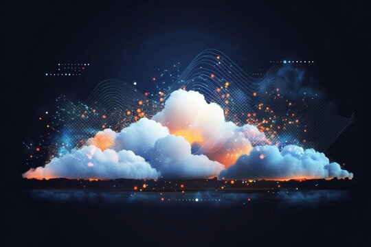 Futuristic Cloud Computing Concept with Multilayered Network Pattern in Blue, Orange, White - Abstract Digital Illustration on Dark Background