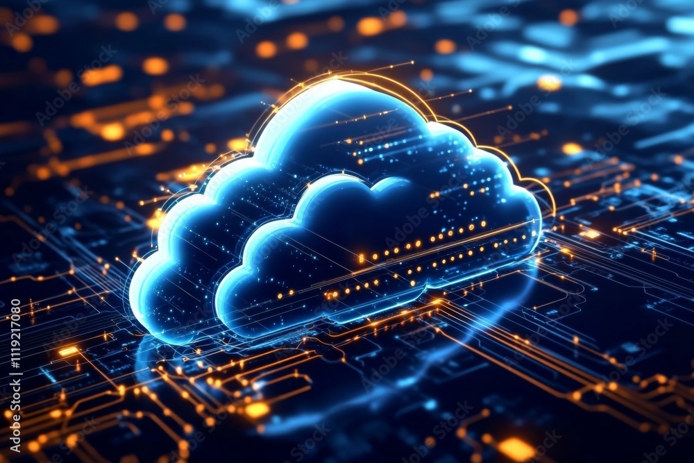 Poster digital illustration of cloud computing concept with interconnected white clouds, network pattern, a
