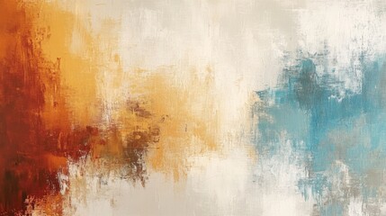 Abstract Painting with Textured Background in Orange, Yellow, Blue, White, and Gray. Dreamy, Ethereal Mood with Brushstrokes and Splatters.