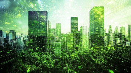 Urban Futurism: Digital Cityscape with Glass Skyscrapers, Green Blue Gradient, Trees, Technological Atmosphere