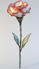 Single red and white carnation flower with stem and leaves on light background. Generative ai