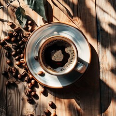 Overhead view of coffee cup and beans on wood.