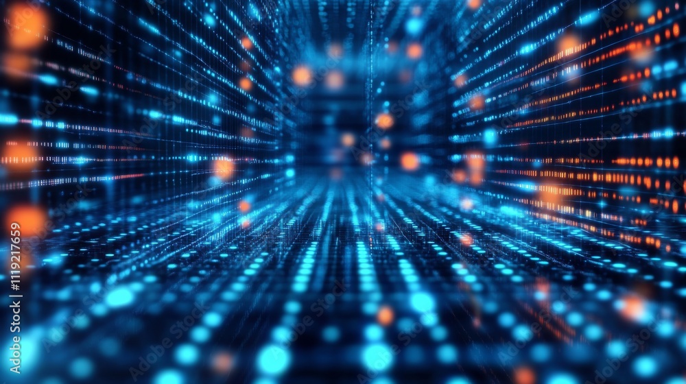 Poster abstract digital art depicting a network or data center concept on a dark blue background with grid-