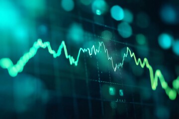 Naklejka premium Futuristic Close-Up Stock Market Chart with Downward Trend on Dark Blue Background, Bokeh Effect, and White Numbers Grid