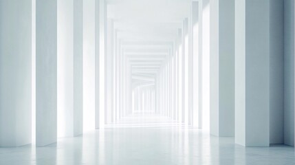 Fototapeta premium Abstract white hallway with columns receding to vanishing point, bright light at the end.
