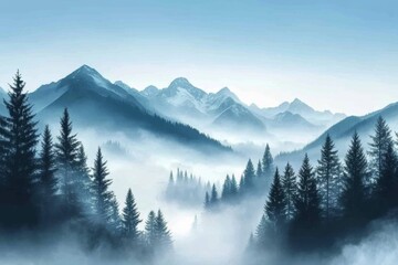 Obraz premium Majestic mountain range in fog with ethereal atmosphere and serene mood, tall coniferous trees in foreground, dreamy landscape.