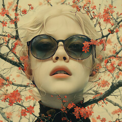girl in dark sunglasses. She has blond hair and slightly parted lips. 