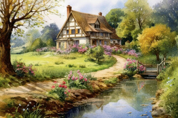 Obraz premium cozy country house in half-timbered style, surrounded by green trees and bright flowers. The house stands on a spacious plot of land with a well-kept garden 