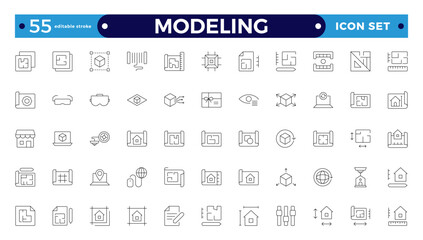 Modeling outline icon set. Architectural planning icon collection. Planning, scheme, dimension, project, measurement, floor plan, etc.  Editable stroke outline icon.
