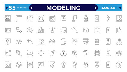 Modeling outline icon set. Architectural planning icon collection. Planning, scheme, dimension, project, measurement, floor plan, etc.  Editable stroke outline icon.
