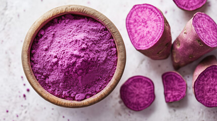 Top-View Presentation of Purple Sweet Potato Powder and Whole Sweet Potatoes on Clean White Surface