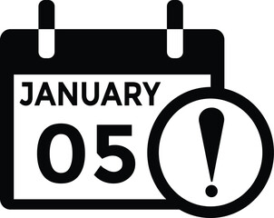 January 5 Calendar Day or Calender Date for Deadlines or Appointment. Calendar vector icon. Deadline. Date. 
