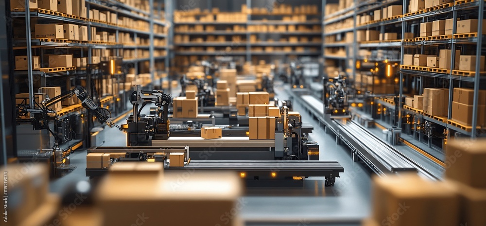 Poster automated warehouse with robotic arms sorting and moving cardboard boxes along conveyor belts.