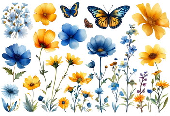 Watercolor illustration of blue and yellow flowers with butterflies on a white background, sticker set