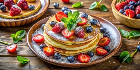 Drone Photography of Sugar Dusted Pancakes Topped with Fresh Fruit and Mint for a Delicious Breakfast Scene