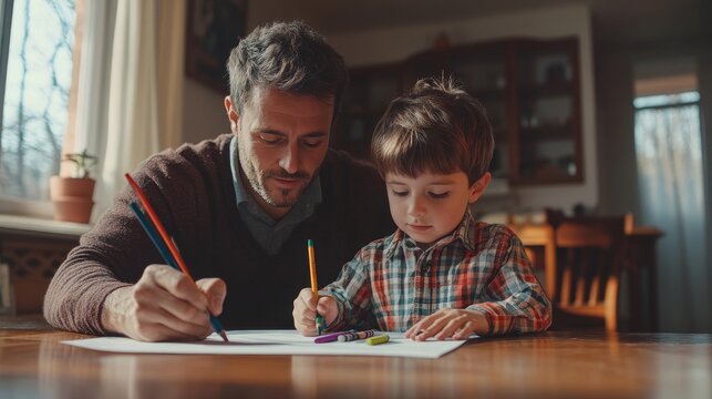 Happy father and son enjoying creative playtime, drawing colorful pictures together at home.