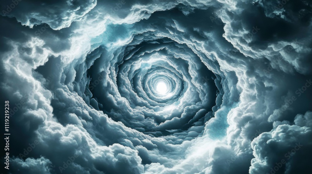 Poster enigmatic light tunnel art: spiraling cloud layers with ethereal glow, creating depth and mystery in
