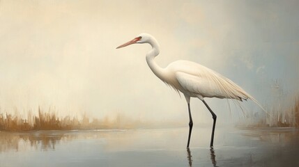 Obraz premium Solitary White Egret in a Tranquil Landscape