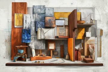 Fototapeta premium A mixed-media art installation featuring various textures and colors in a structured composition.