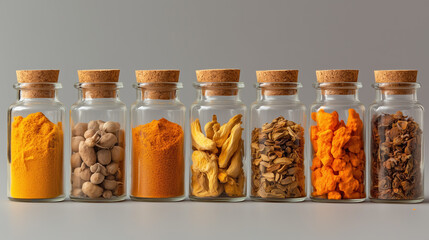 Turmeric Cardamom Chilly Trio in Glass Containers Highlighting Ritualistic Use on Grey Backdrop