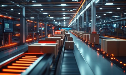 Automated warehouse with conveyor belts transporting cardboard boxes.