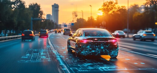 Autonomous car driving on a city road at sunset, digital data overlay.