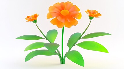Three vibrant orange flowers with green leaves on white background. Generative ai