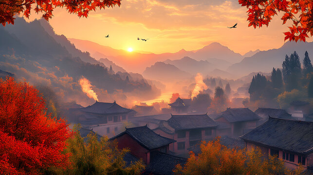 A peaceful autumn sunset scene set in an ancient village during the Yuan Dynasty in China. The sun slowly sinks behind distant mountains, casting golden rays over a quiet, secluded village. The vibra - Powered by Adobe