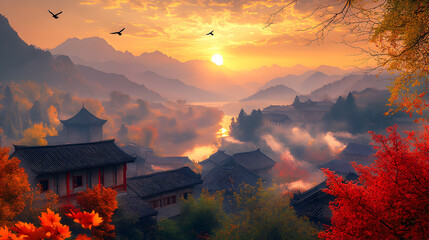 A peaceful autumn sunset scene set in an ancient village during the Yuan Dynasty in China. The sun slowly sinks behind distant mountains, casting golden rays over a quiet, secluded village. The vibra