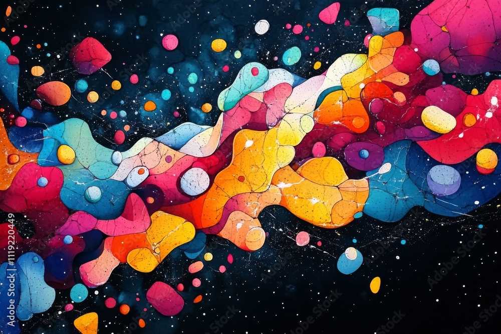 Poster dynamic abstract painting with colorful shapes and splattered colors on black background
