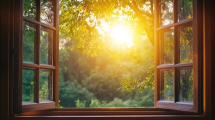 Golden Hour Window View:  A window is thrown open, revealing a breathtaking view of nature bathed in the warm, golden hues of the setting sun. The sun's rays stream through the windowpane.