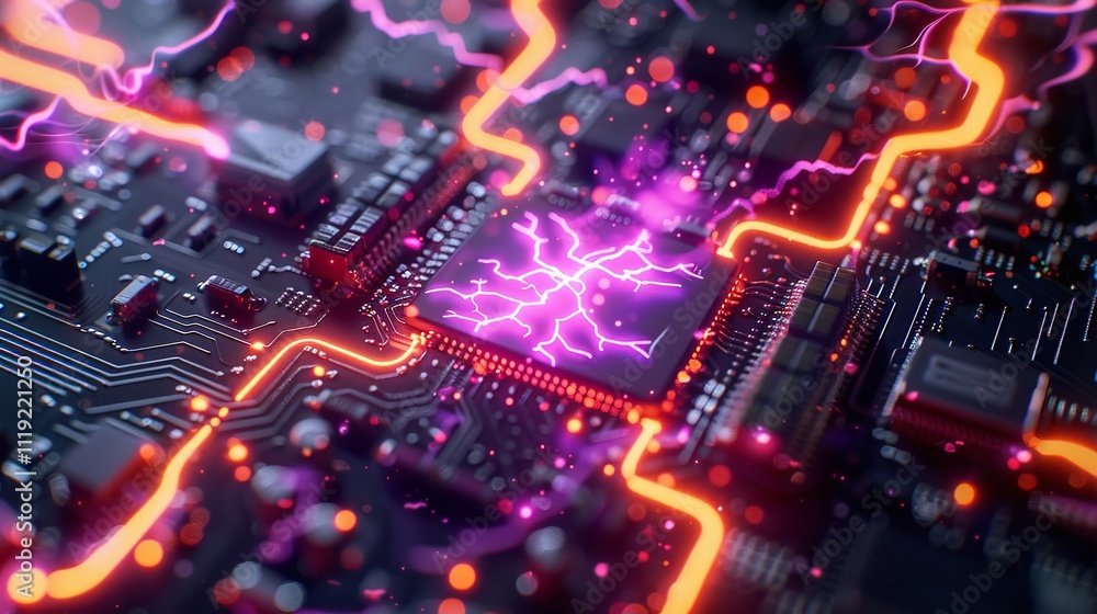 Poster circuit board futuristic server processing code on a technology background, ai generative.