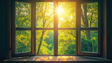 Sunlit Window View: A view of vibrant green trees and sunlight streaming through a rustic wooden window. The scene evokes feelings of peace, warmth and tranquility. 