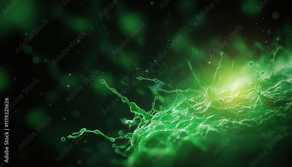 Poster a vibrant green abstract representation of microorganisms, showcasing intricate patterns and glowing