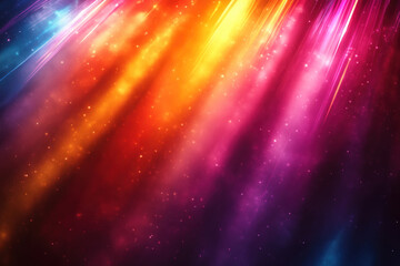 Colorful vibrant abstract background with glowing diagonal light rays and bokeh effect.