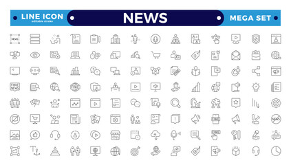 Media and news outline icons collection. Television, blogging, social media, video, promotion icons. UI icon set. Containing journalists, press conference, newspaper. Editable stroke outline icon.