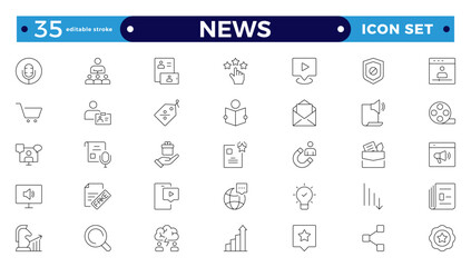 Media and news outline icons collection. Television, blogging, social media, video, promotion icons. UI icon set. Containing journalists, press conference, newspaper. Editable stroke outline icon.