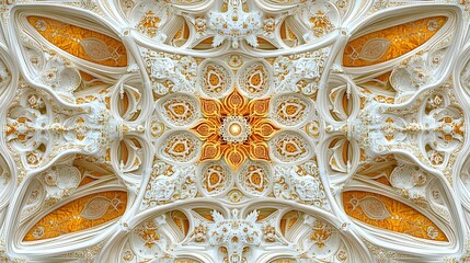 Intricate white and gold symmetrical ceiling design.