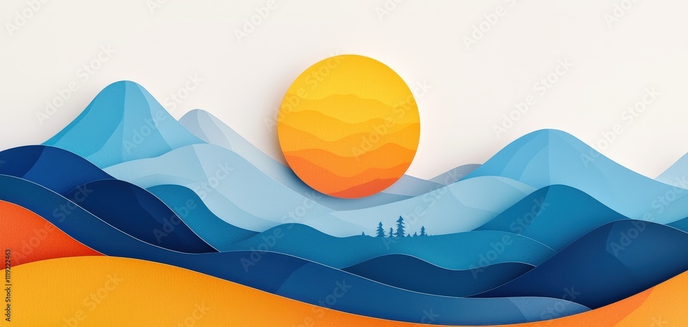 Poster a vibrant, abstract landscape showcasing waves of color with a sun hovering above mountains, creatin