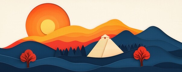 A vibrant landscape featuring mountains, a pyramid, and a stunning sunset, perfect for travel and nature themes.
