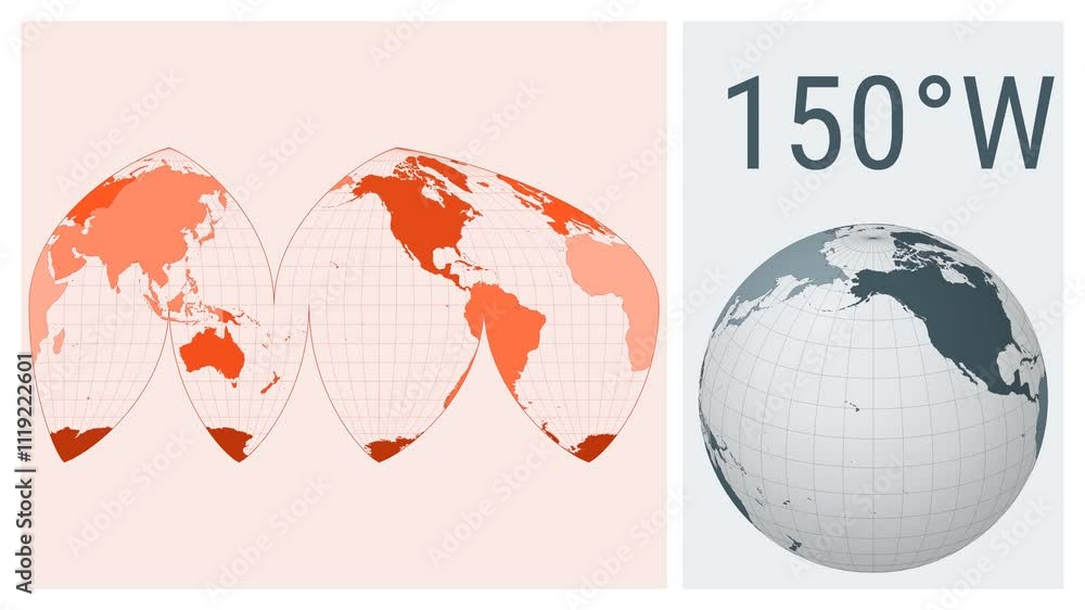Poster world map animation. bogg interrupted eumorphic projection. colored continents style. animated world